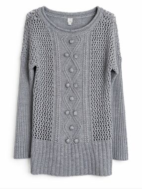 ​Tristan Grey Pointelle Open Knit Tunic Sweater Bobble Cable Knit Alpaca Wool